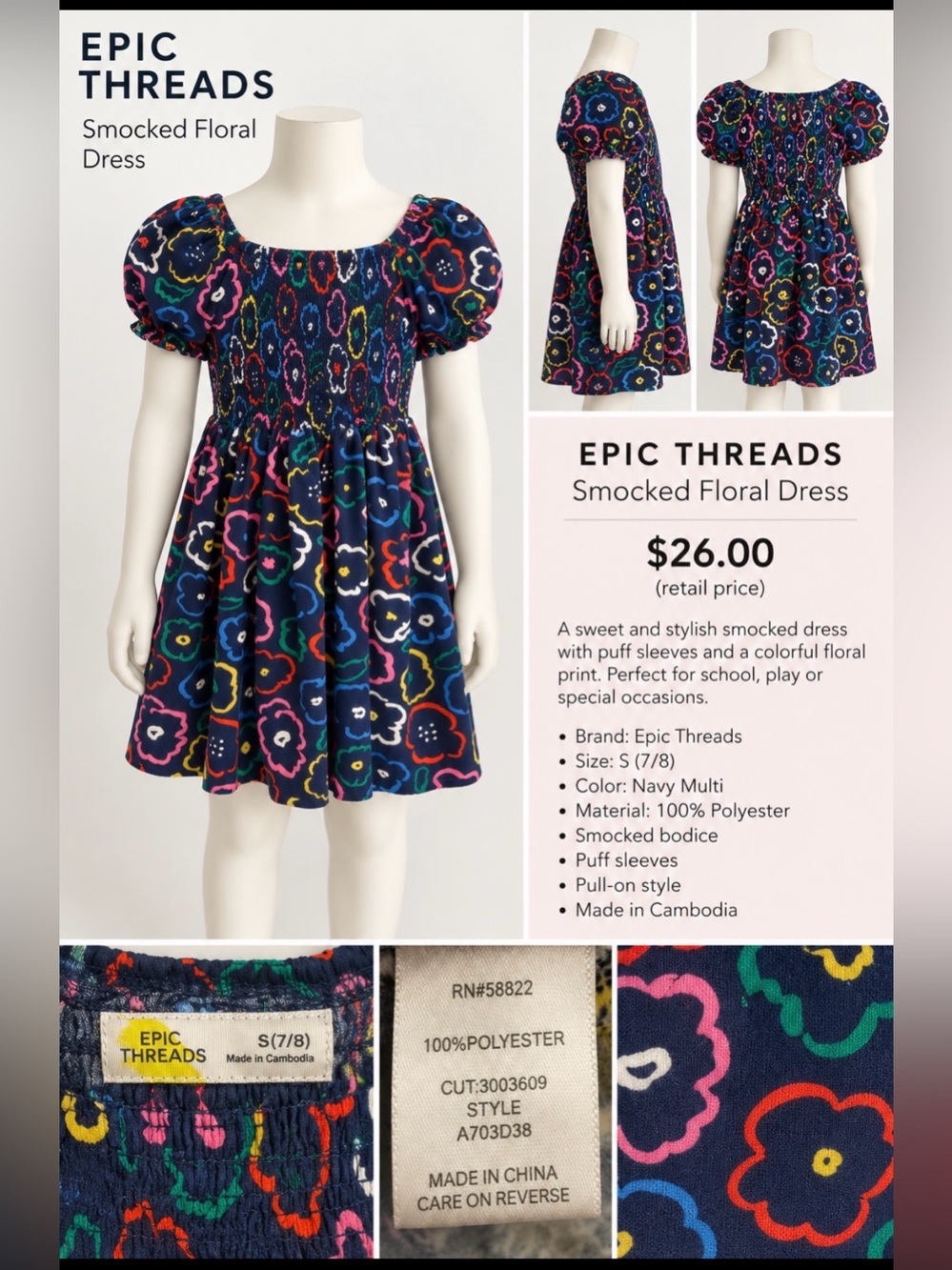 Epic Threads Girl’s Navy Multi Smocked Floral Puff Sleeve Dress, Size 7/8